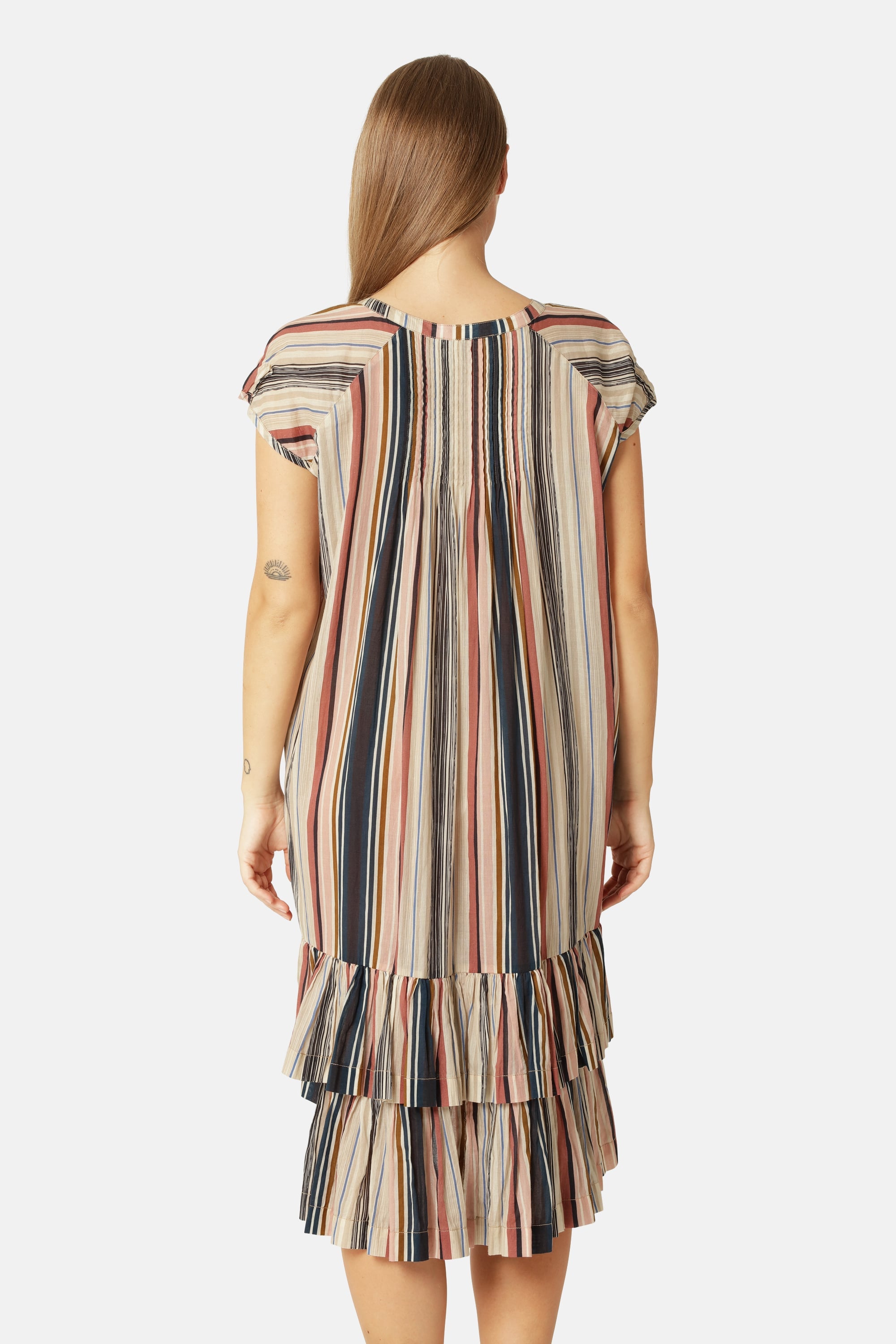 Lang Kjole med Korte Ermer Pintuck - Beige Organic Stripe